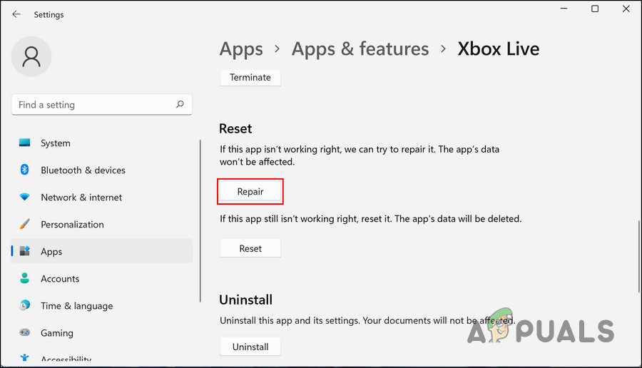 Click on the Repair button