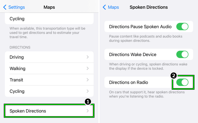 Enable Directions on Radio in the Spoken Directions Tab of the iPhone's Maps Settings