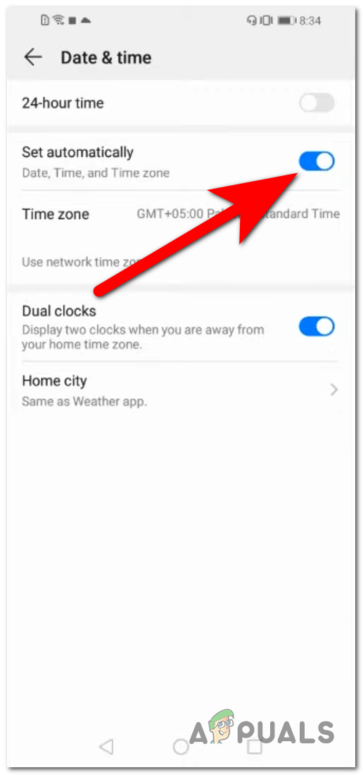 Setting the date and time on automatic