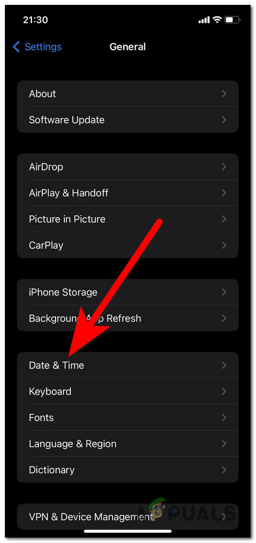 Selecting the Date & time menu
