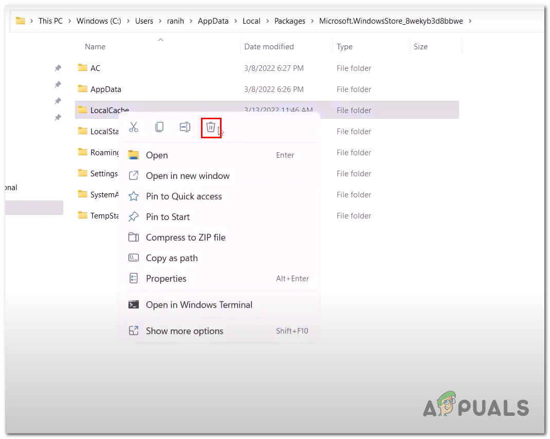 Deleting the Microsoft store local cache