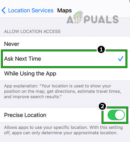 Allow Location Access of Maps to Ask Next Time and Enable Precise Location