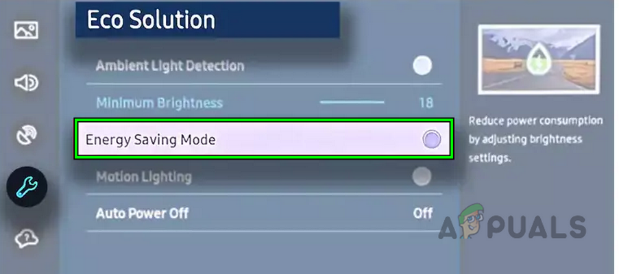Disable Energy Saving Mode of the Samsung TV