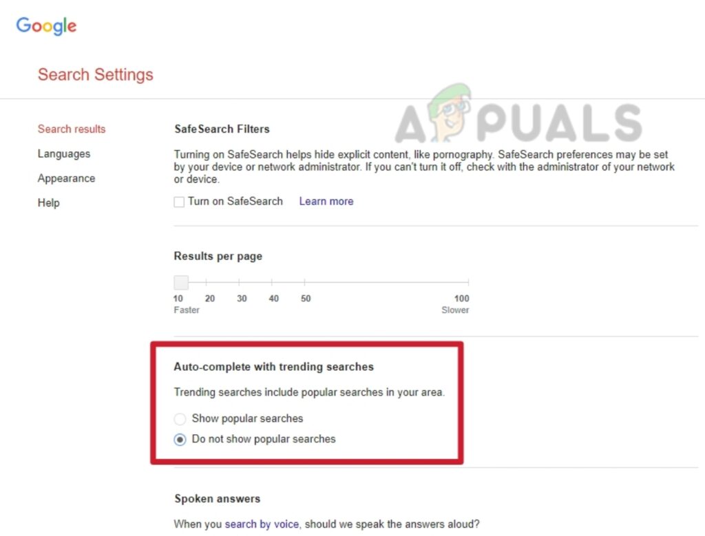 Click on Do not show popular searches