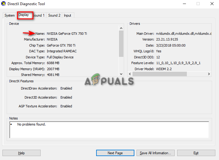 Checking Graphics Card on the Diagnostics Tool