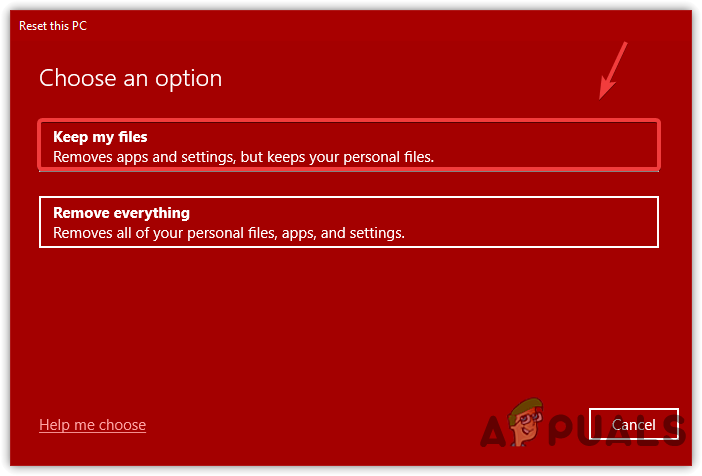 Selecting Keep My Files Option