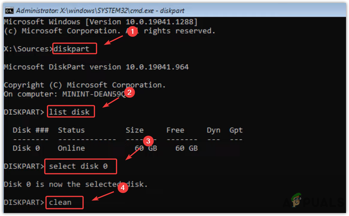 Cleaning disk using DiskPart utility