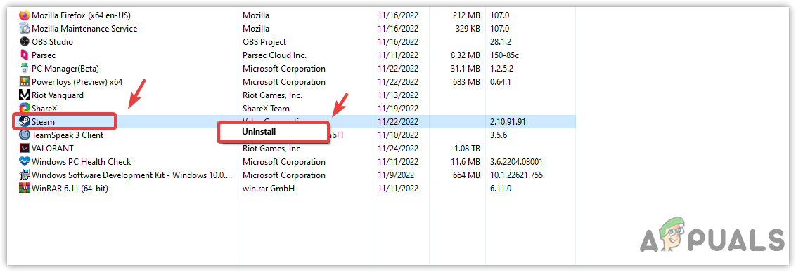 Clicking to Uninstall