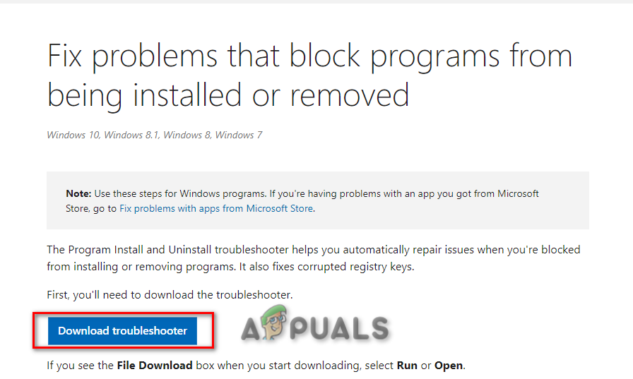 Downloading Microsoft Program Install and Uninstall Troubleshooter