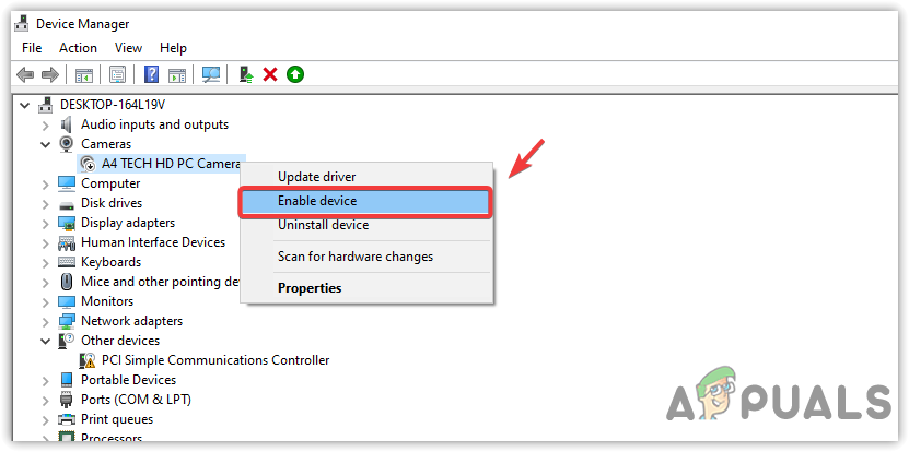 Enabling the Camera from the device manager