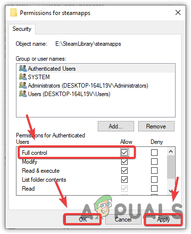 Giving group or user names full control over the folder