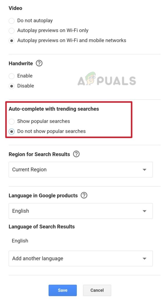 Click Do not show popular searches