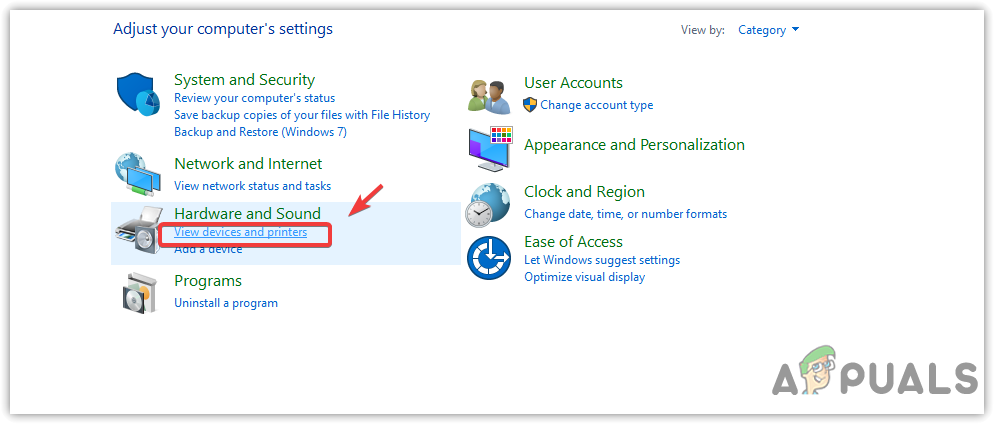 Navigating to Devices and Printers