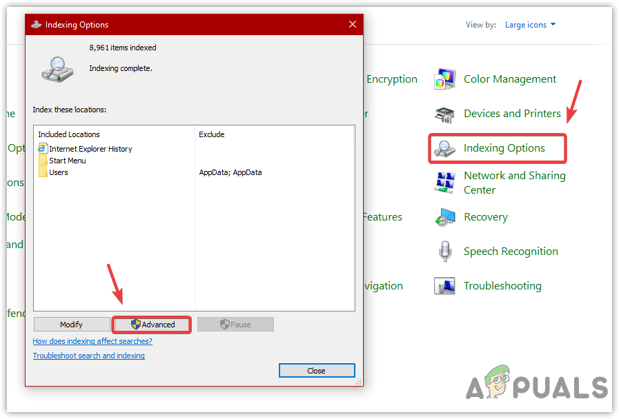 Opening Advanced Setting Of Search And Indexing