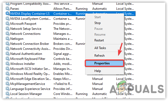 Opening Nvidia Service Properties