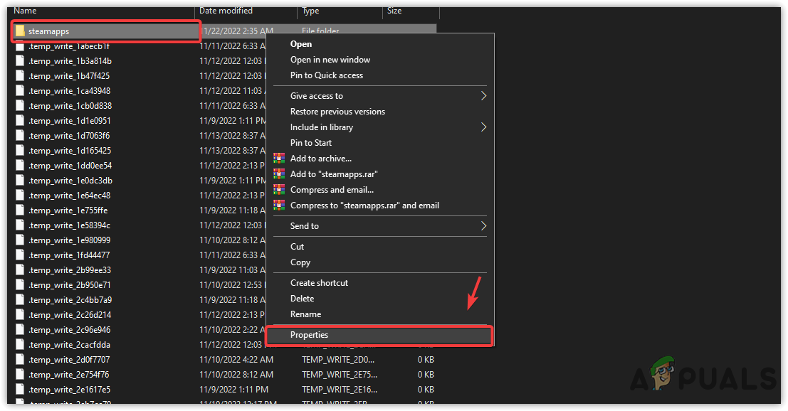 Opening Steam app folder properties