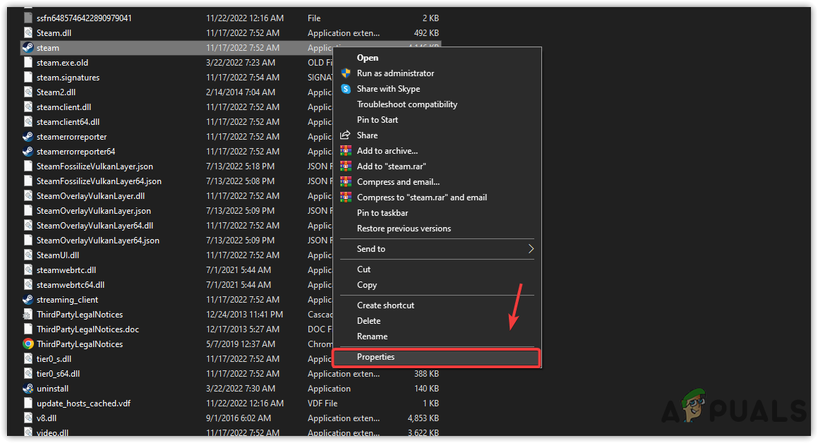 Opening Steam properties