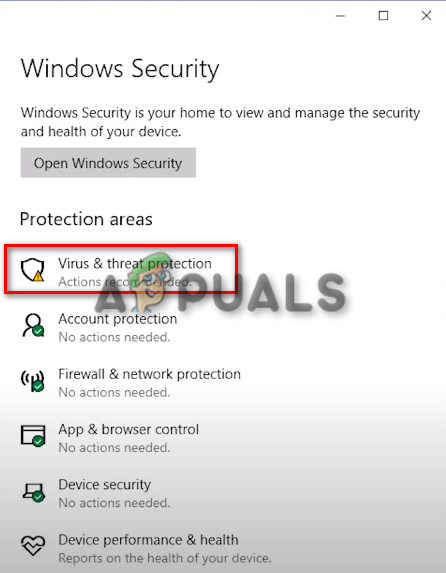 Opening Virus and Threat Protection settings