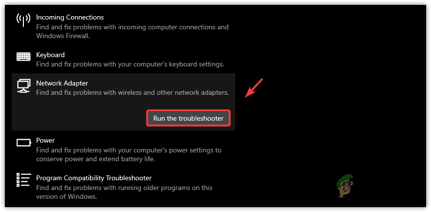 Running Network Adapter troubleshooter