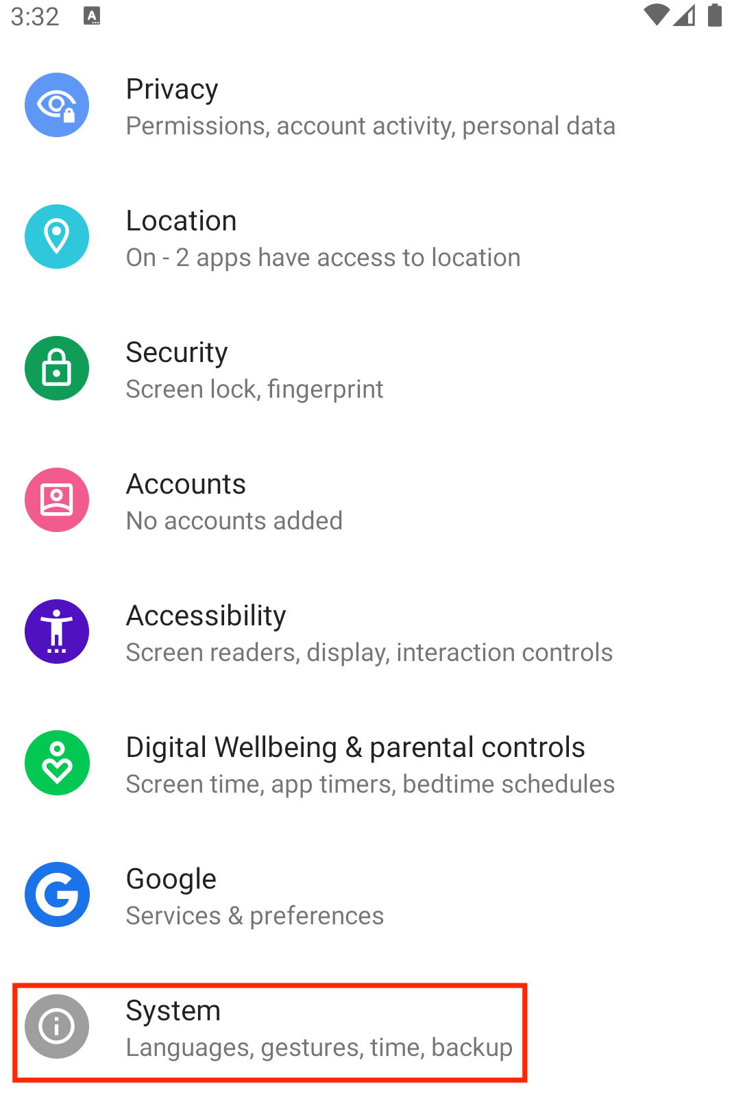Open System in the Android Phone Settings