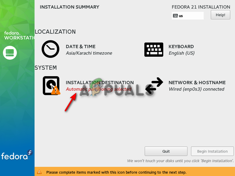 Selecting Installation Destination for Fedora