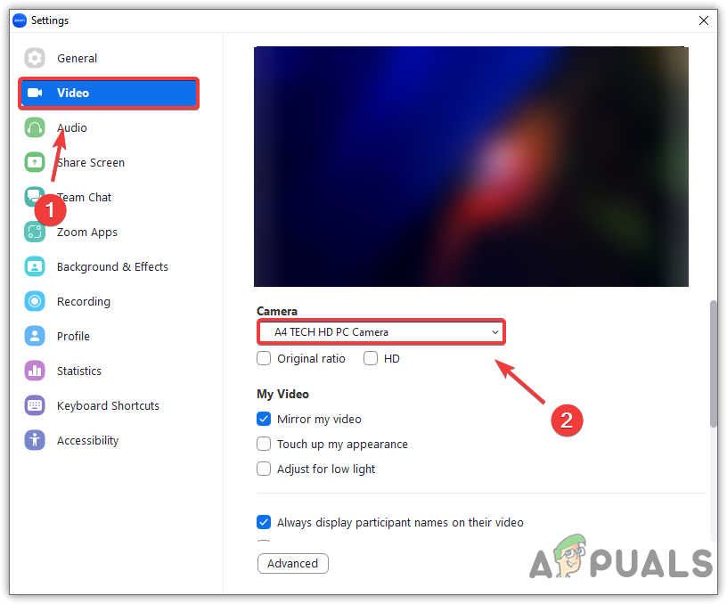 Selecting the Camera on Zoom App