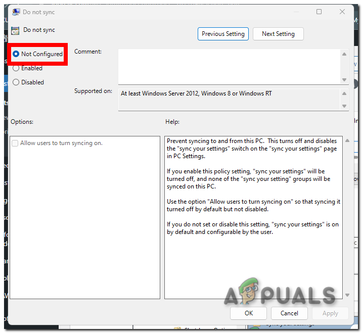 Setting Group Policy to Not Configured