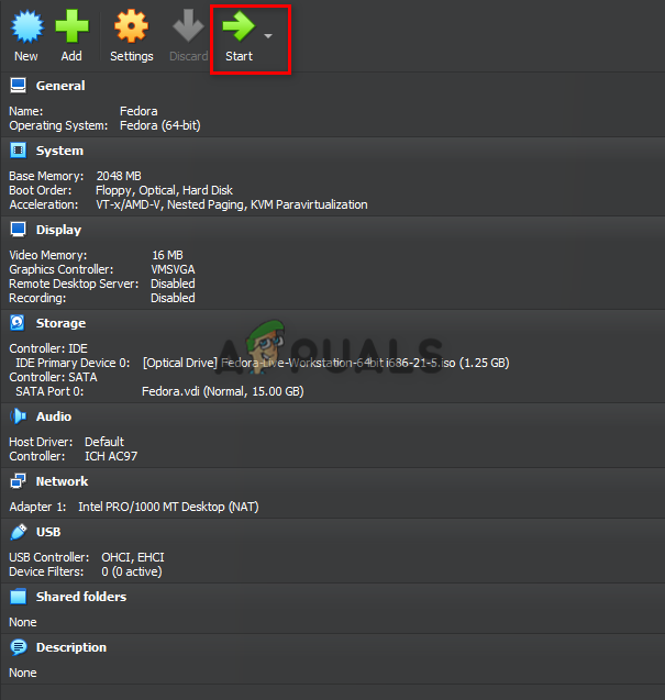Starting Fedora on the Virtual Machine