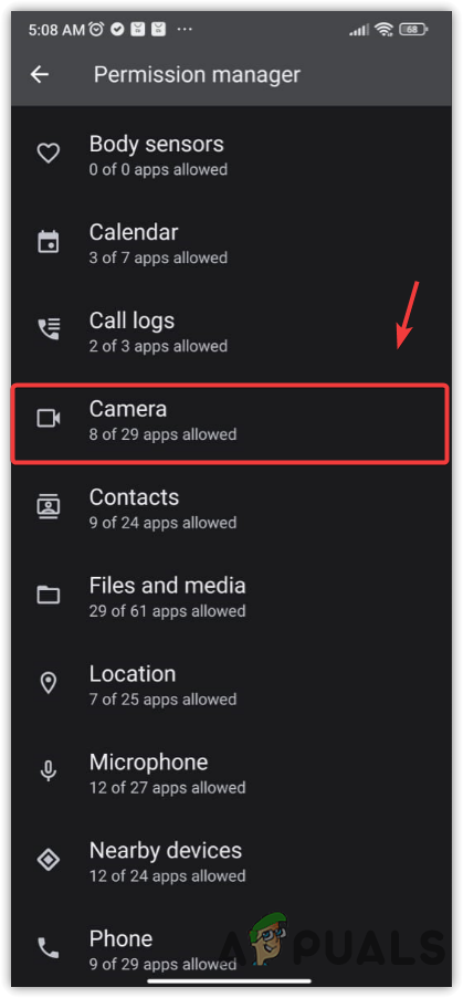 Tapping the Camera option to see the applications that use Camera