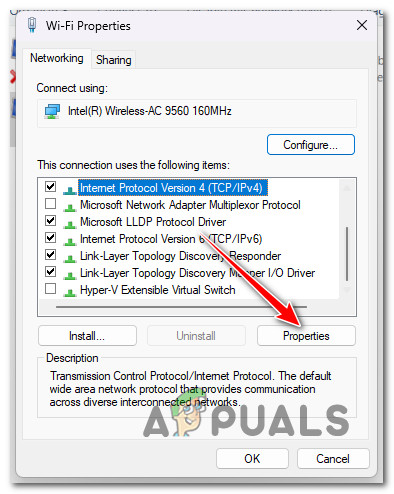 Accessing the Properties screen of IPv4