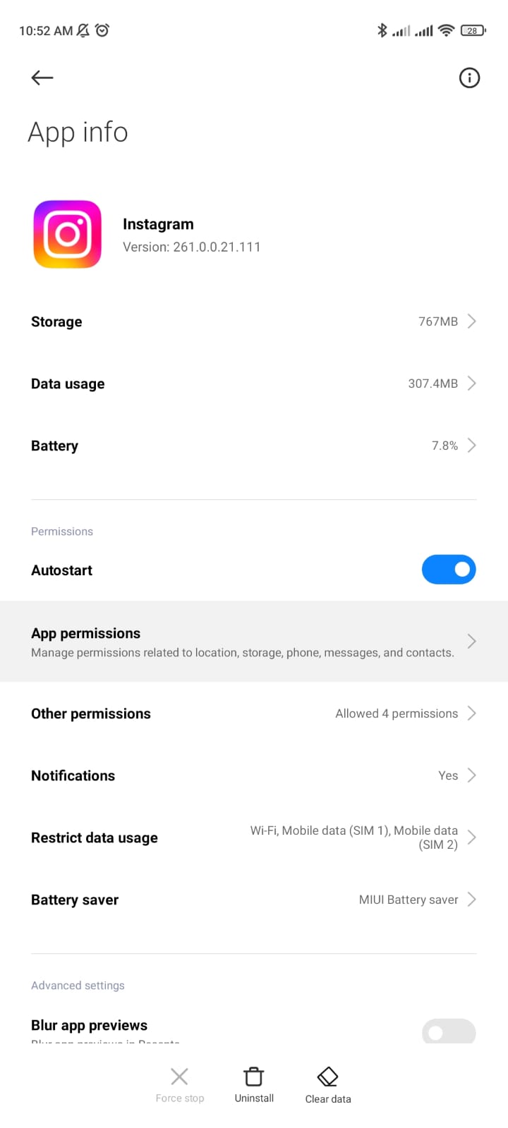 Opening Instagram permissions
