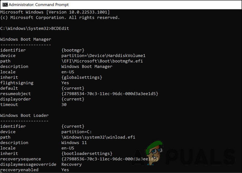 Run the BCDEdit command