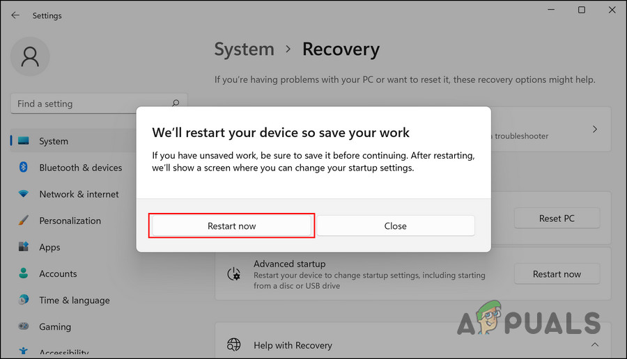 Click on the Restart now button