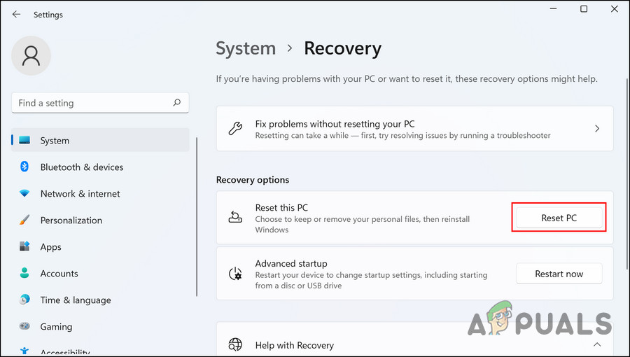 Click on the Reset PC button