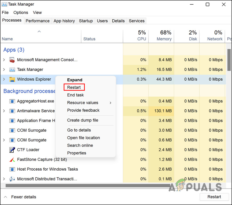 Choose Restart from the context menu