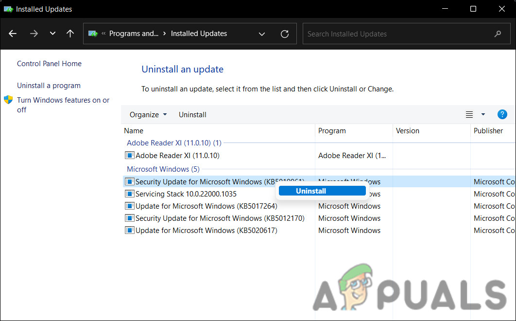 Uninstall a Windows update
