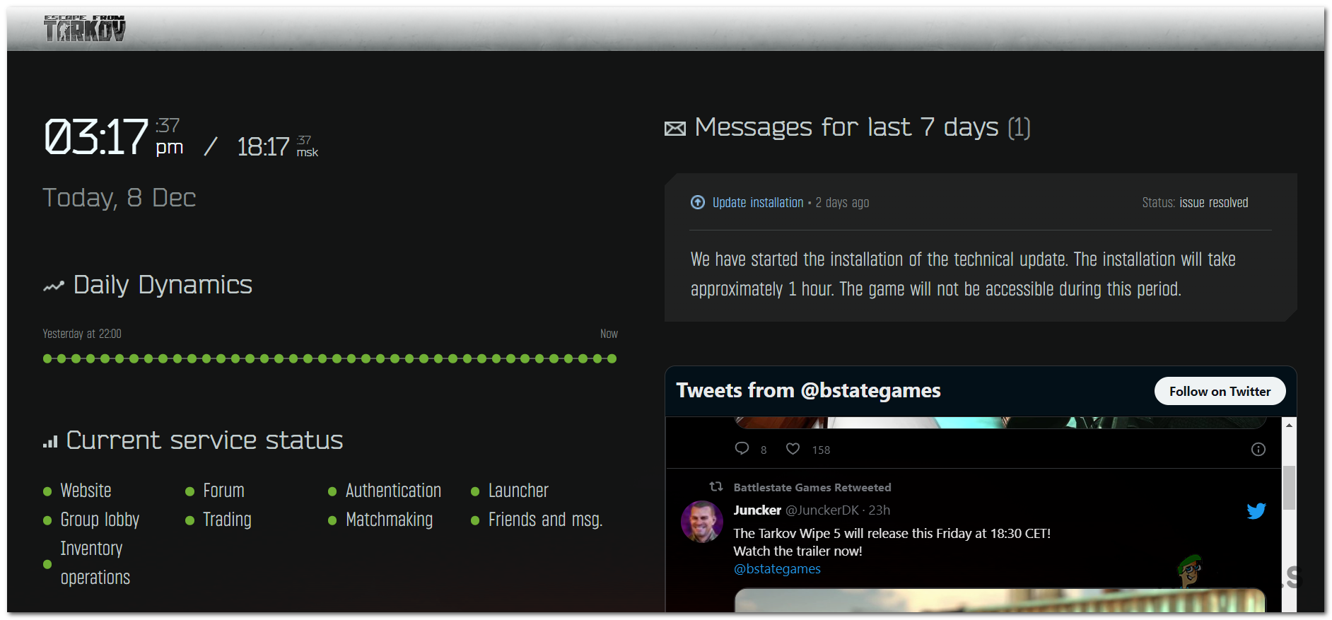 Checking the server status for EFT