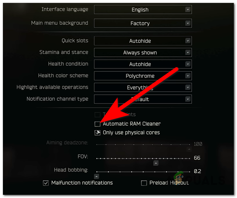 Enabling the Auto RAM Cleaner option