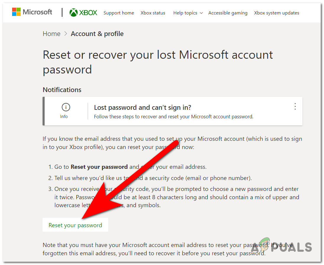 Clicking on the Reset password button