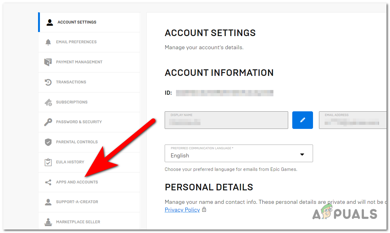 Selecting the Apps and accounts section