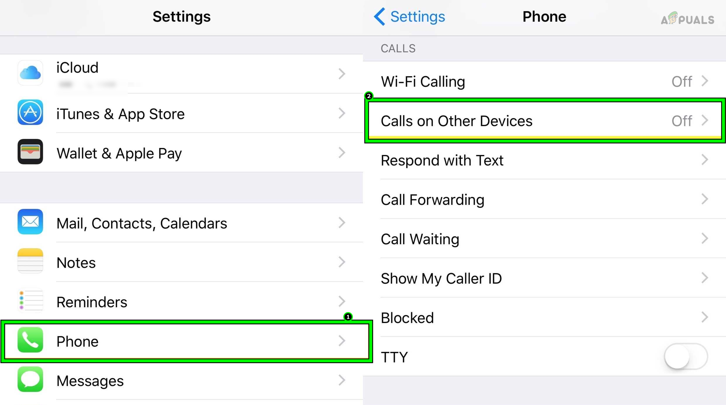 Open Call on Other Devices in the iPhone Settings