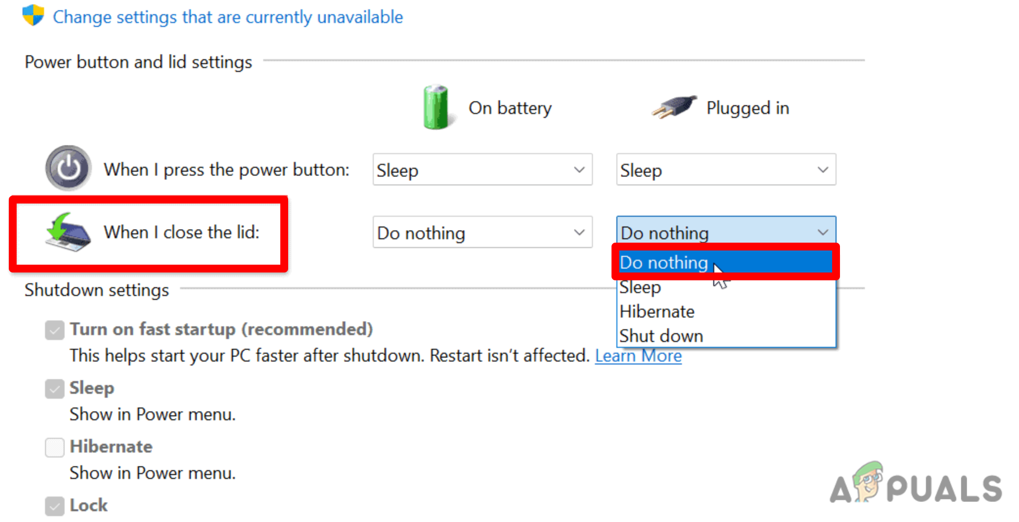 Click the "When I close the lid" column