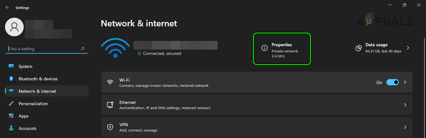 Open Properties of the Network on a Windows PC