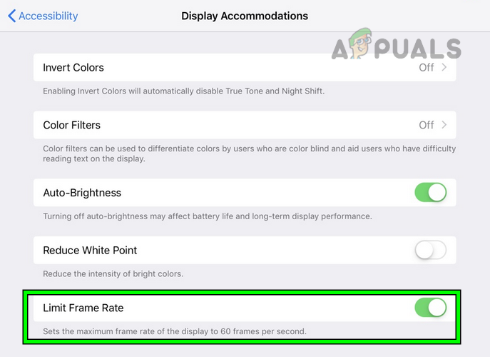Enable Limit Framte Rate in the iPad's Display Accommodations Settings
