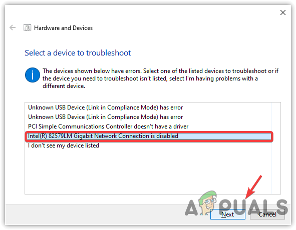 Clicking Next to fix problems on driver