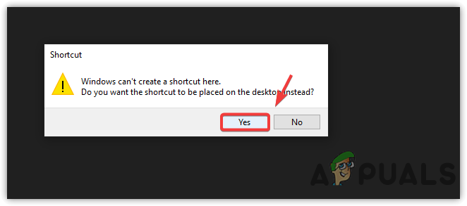 Clicking Yes to create a shortcut on desktop