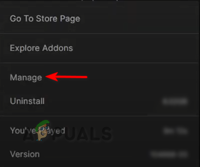 Clicking on the Manage option