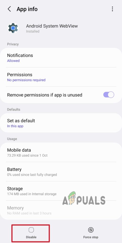 Disable Android System Webview