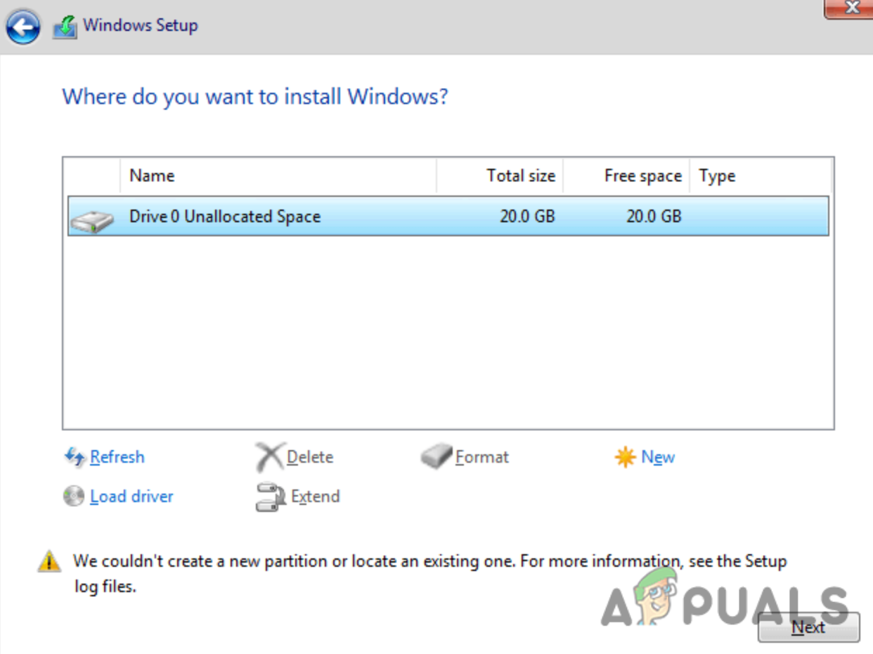 Select each primary partition individually and tap "delete." Doing this will delete all the partitions, leaving you with "Drive 0 Unallocated Space." Select " Drive 0 Unallocated Space" and tap next. 