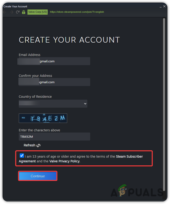 Giving account details to Steam create account